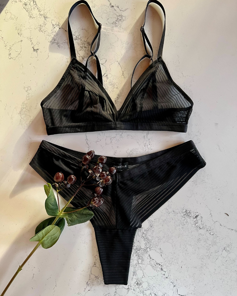 Ruth Stripe Mesh Bralette and Thong Set in Black